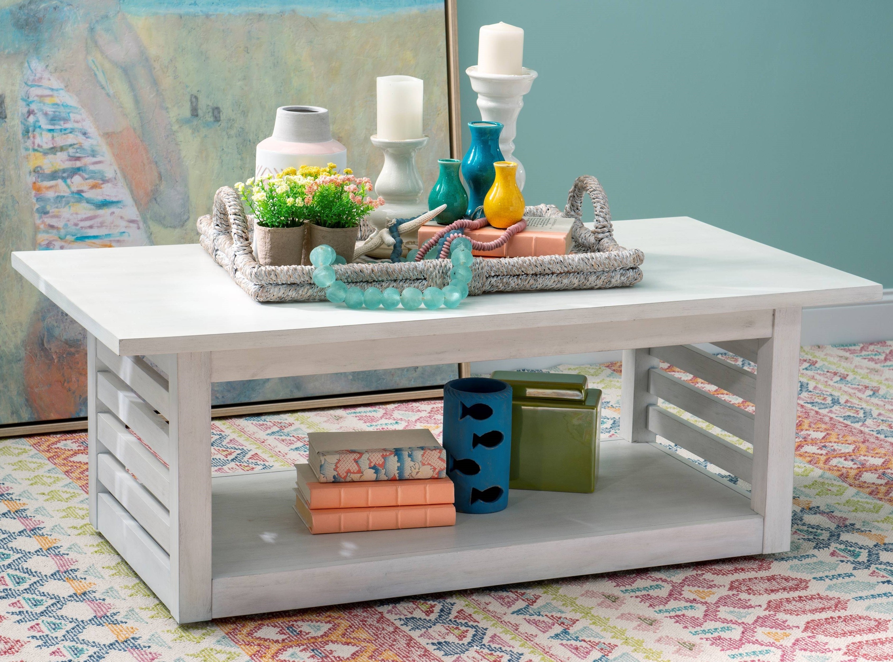 Coffee Table with Slatted Sides and Open Storage Tier