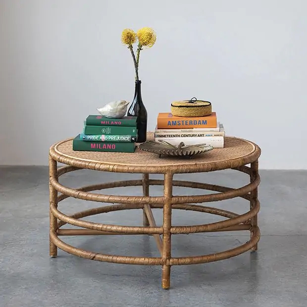 Coffee Table with Tiered Rings and Woven Texture Base