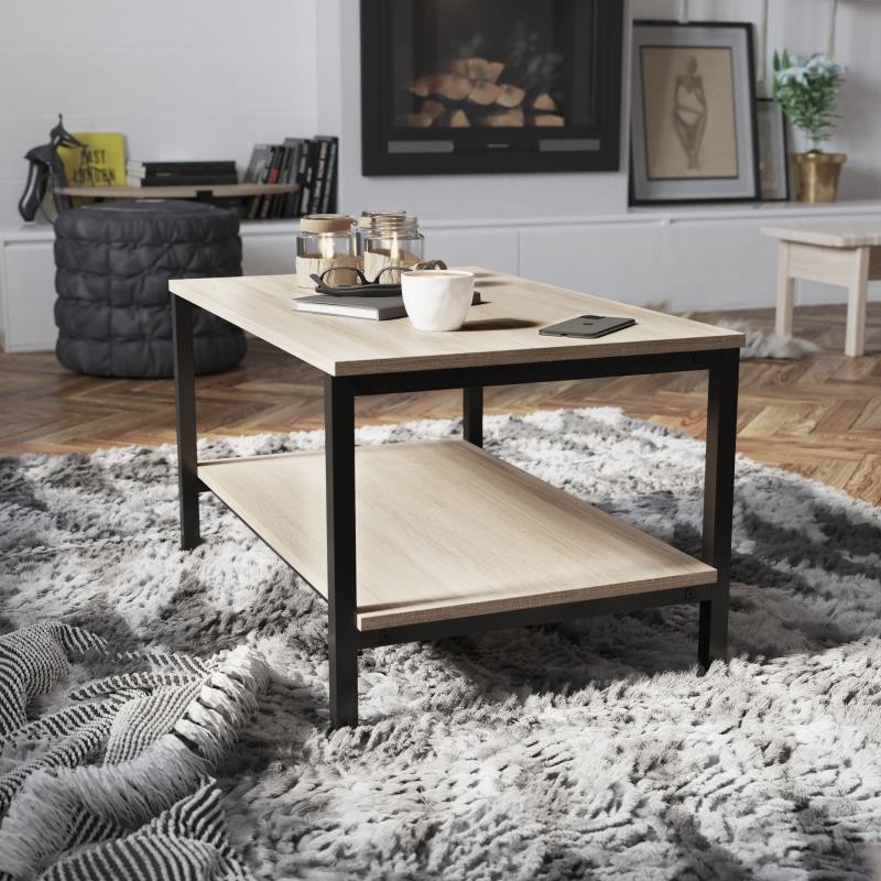 Coffee Table with Two Tier Storage and Black Metal Frame