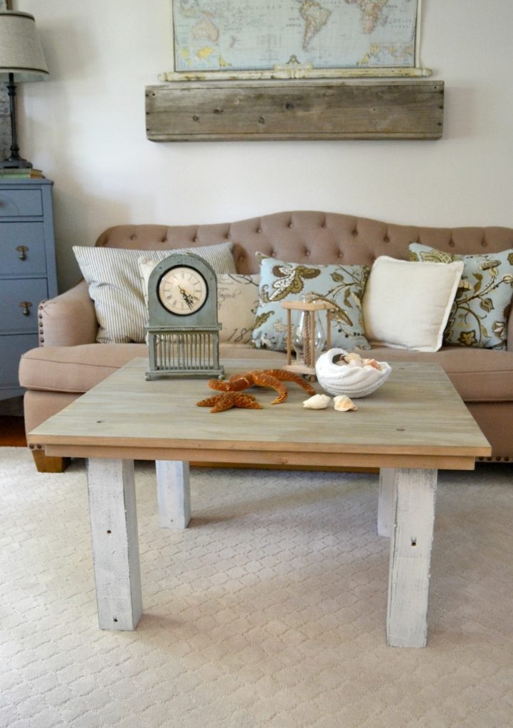 Coffee Table with Whitewashed Legs and Rustic Plank Style Top