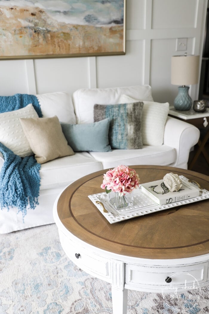 Coffee Table with Wood Stained Top and Distressed Base