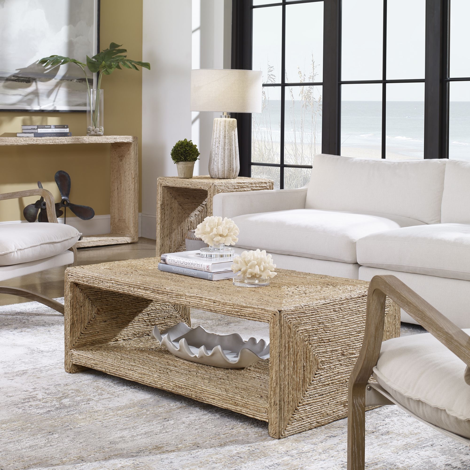 Coffee Table with Woven Fiber Wrap and Open Shelf Base