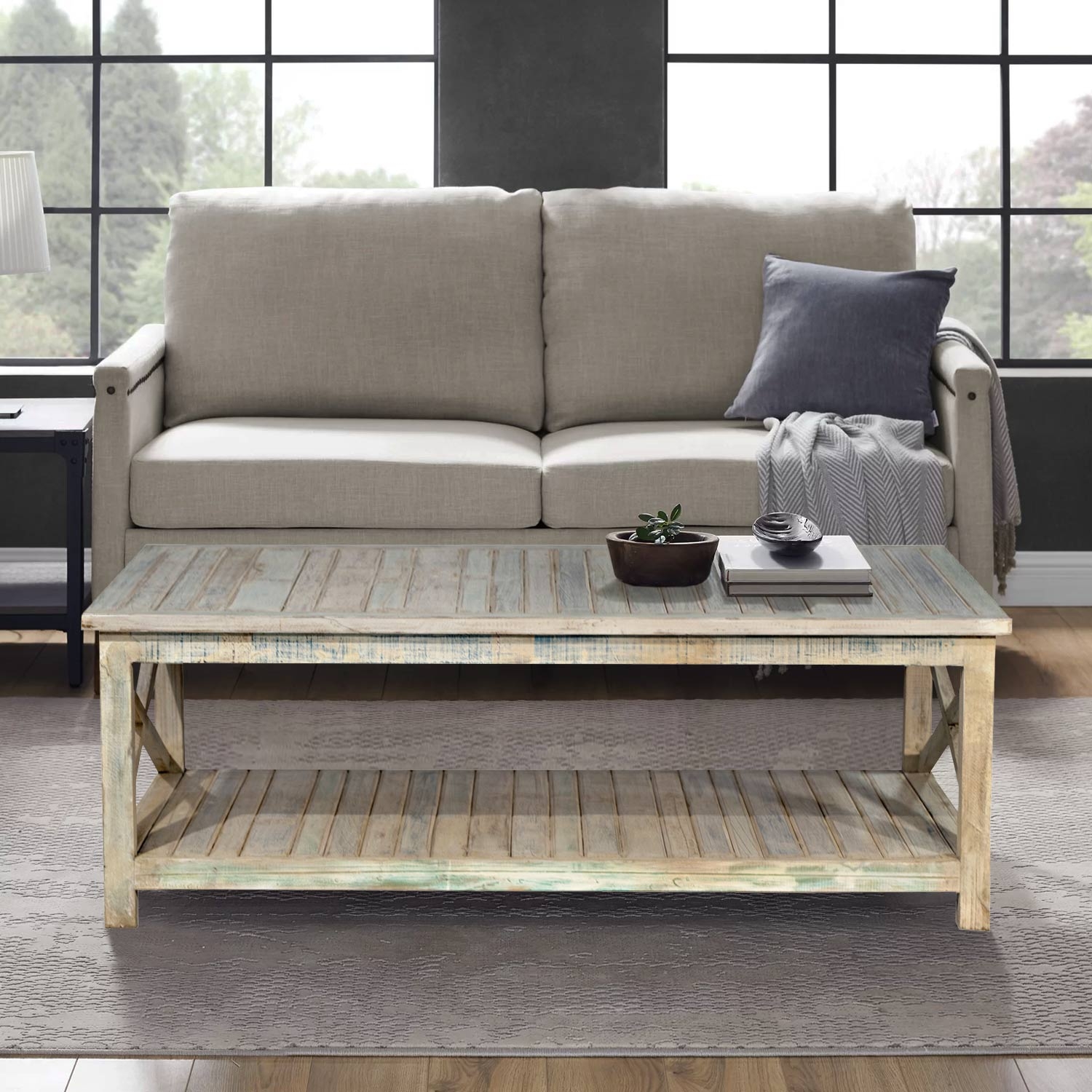 Coffee Table X-Frame Sides with Distressed Weathered Finish