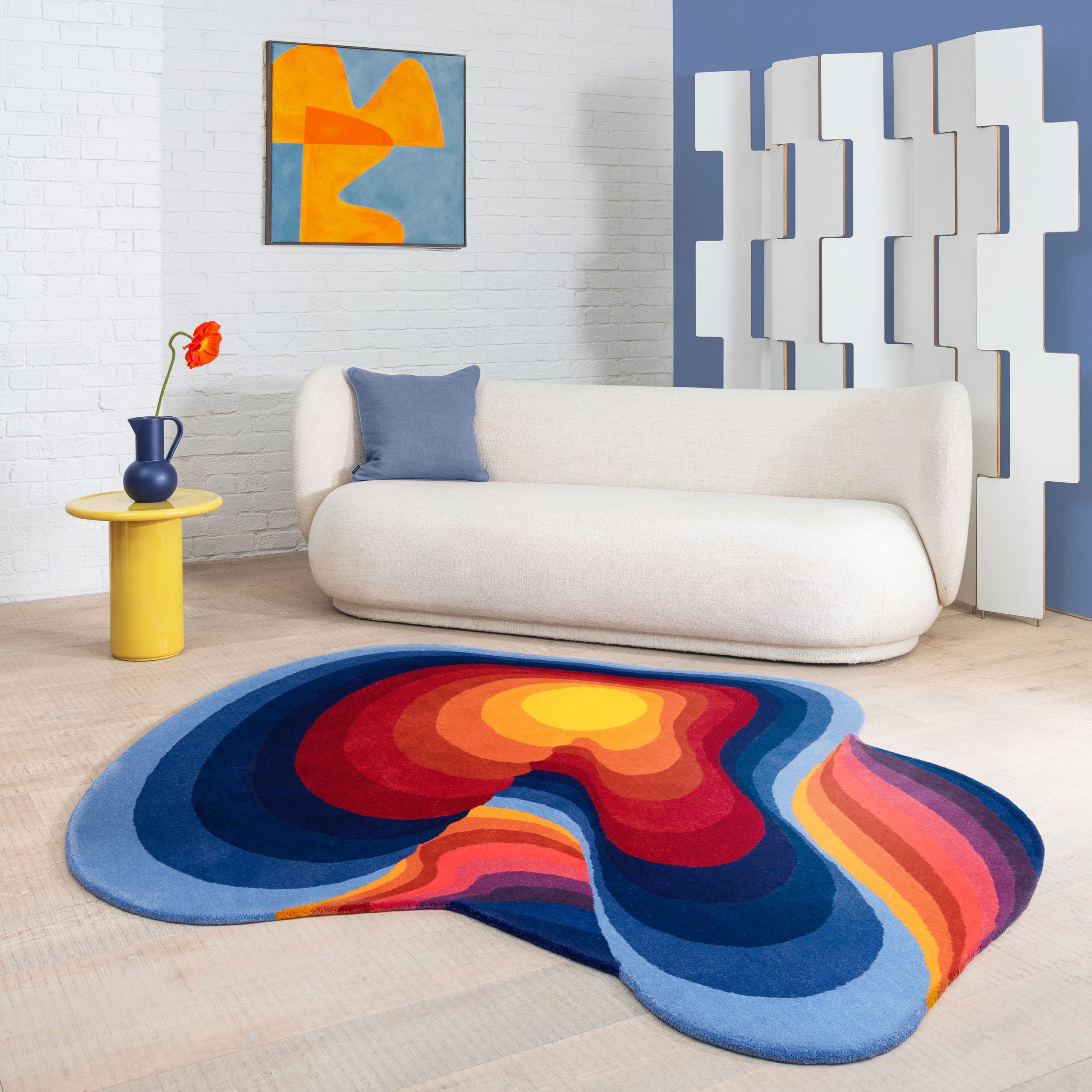 Colorful Contoured Area Rug with Vibrant Sunset Palette.