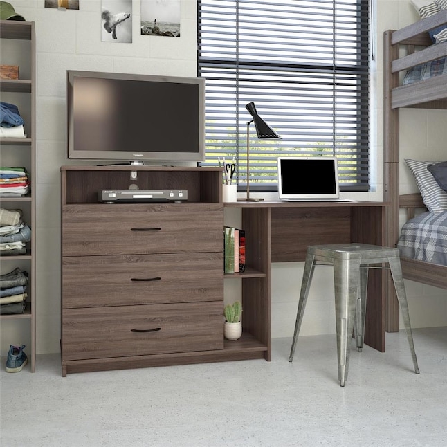 Combo Dresser Desk Distressed Gray 3-In-1 Media Dresser Desk