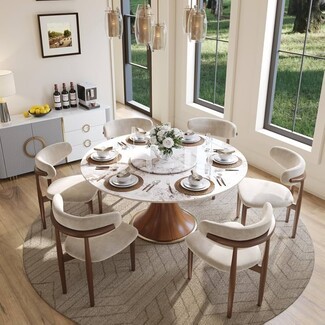 Conical Pedestal Round Dining Table with Stone Top and Lazy Susan