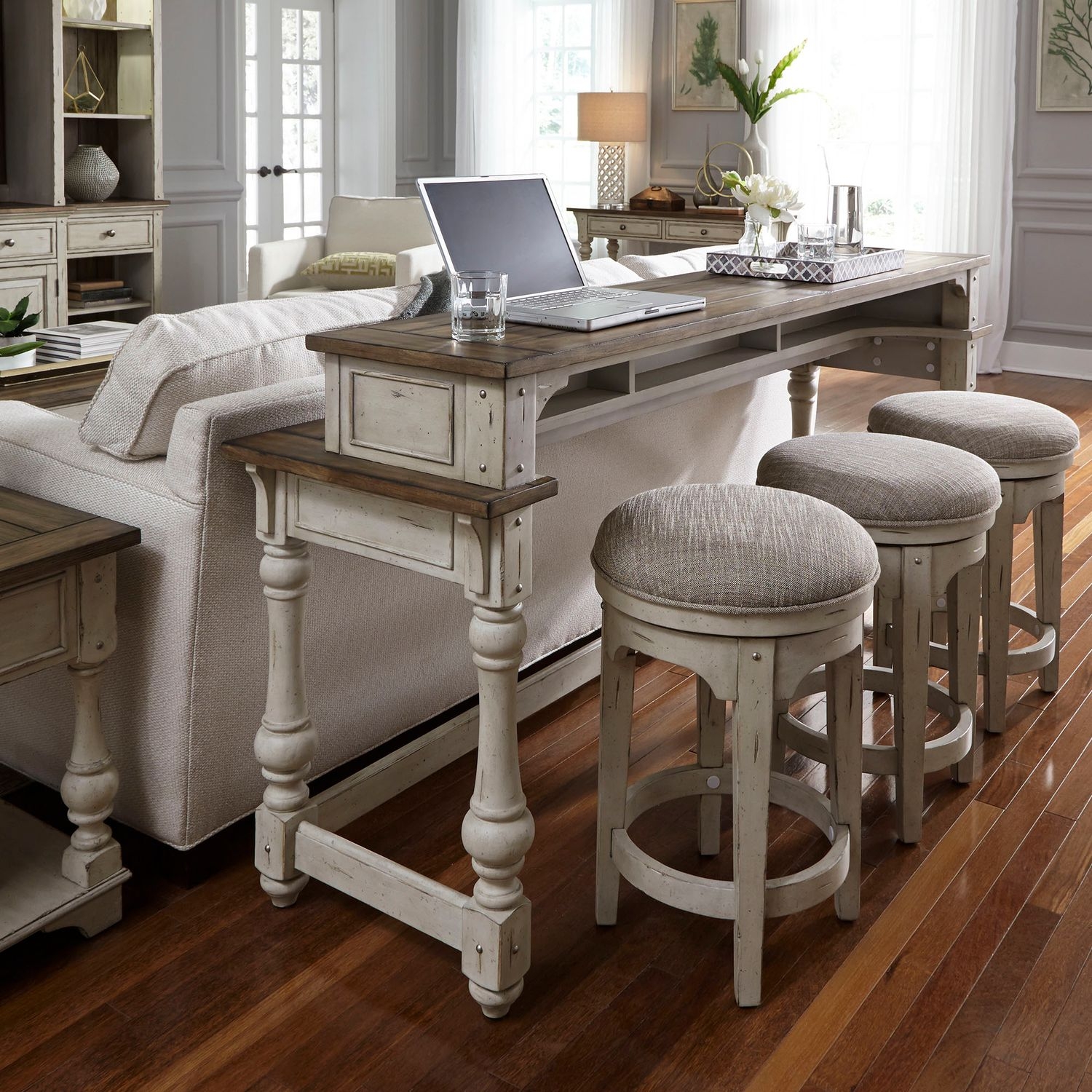 Console Set Multi-Tiered Surface Turned Legs Distressed White