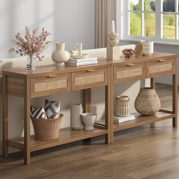 Console Table Featuring Gold Bar Pulls And Oak Storage Shelf