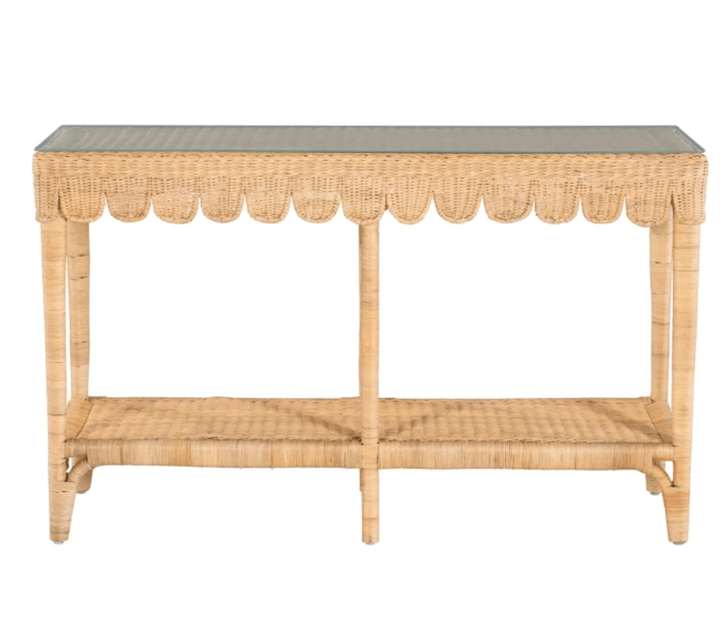 Console Table Glass Top Inlay Scalloped Apron Natural Cane