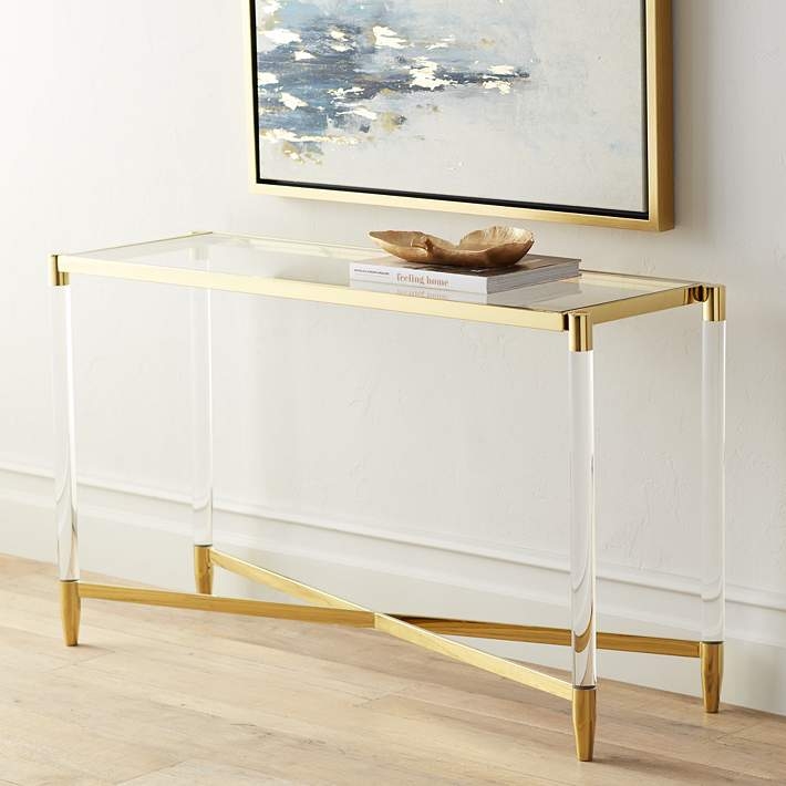 Console Table: Gold Metal Accents and X-Brace Base