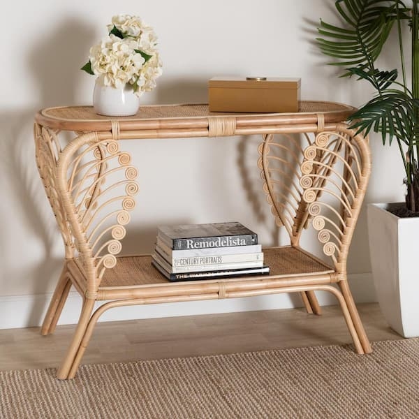 Console Table Peacock Inspired Scrollwork Natural Rattan