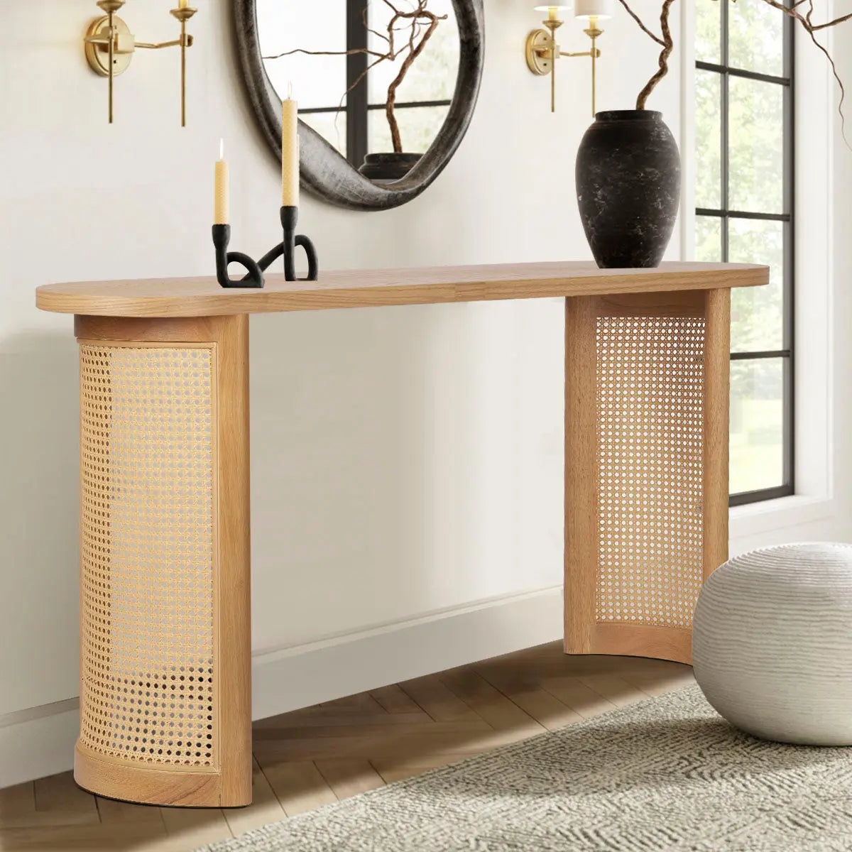 Console Table Pill Shaped Top Organic Modern Curved Pedestals