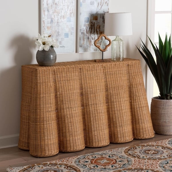 Console Table Scalloped Base Honey Wicker Entryway Furniture