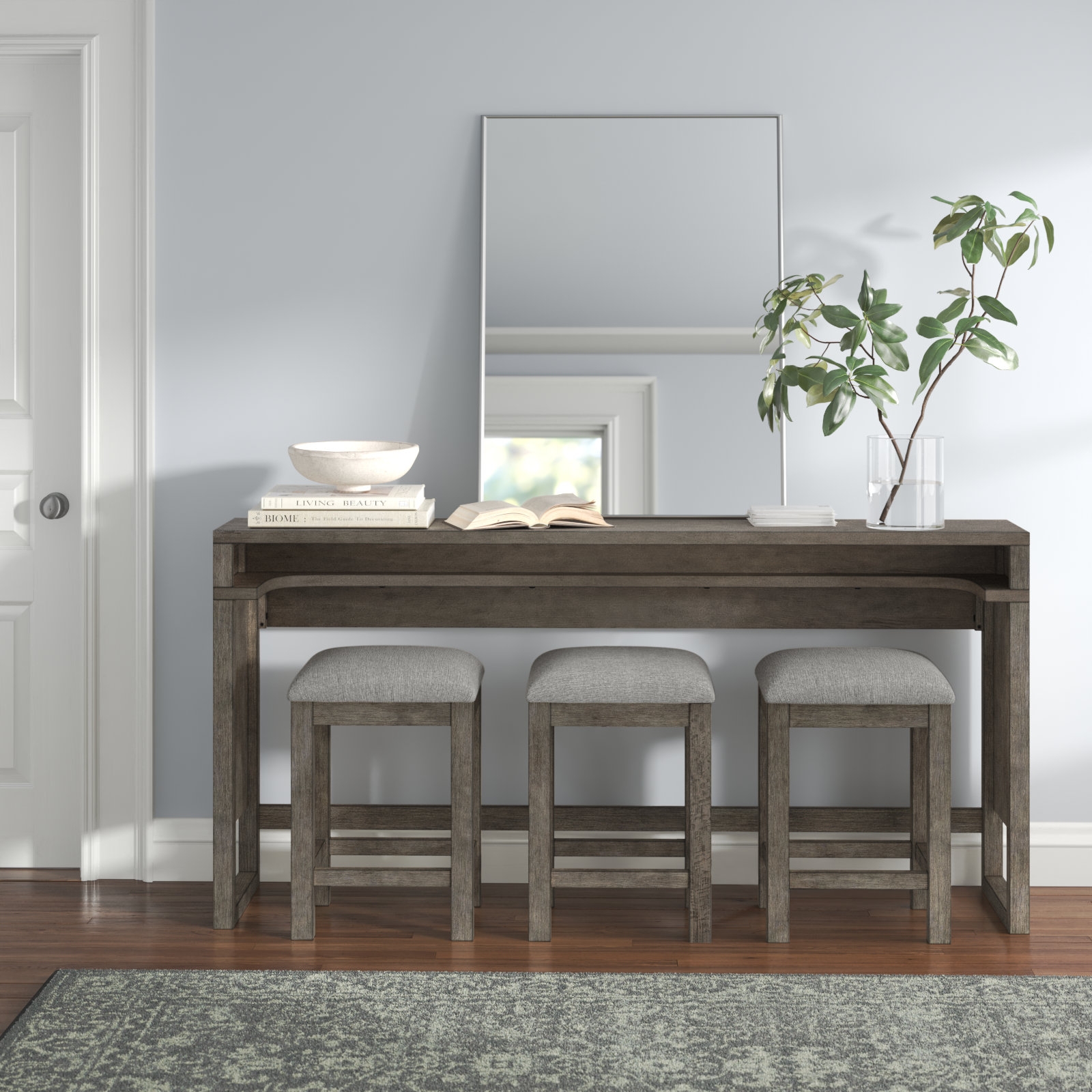 Console Table Set Integrated Charging Station Weathered Gray