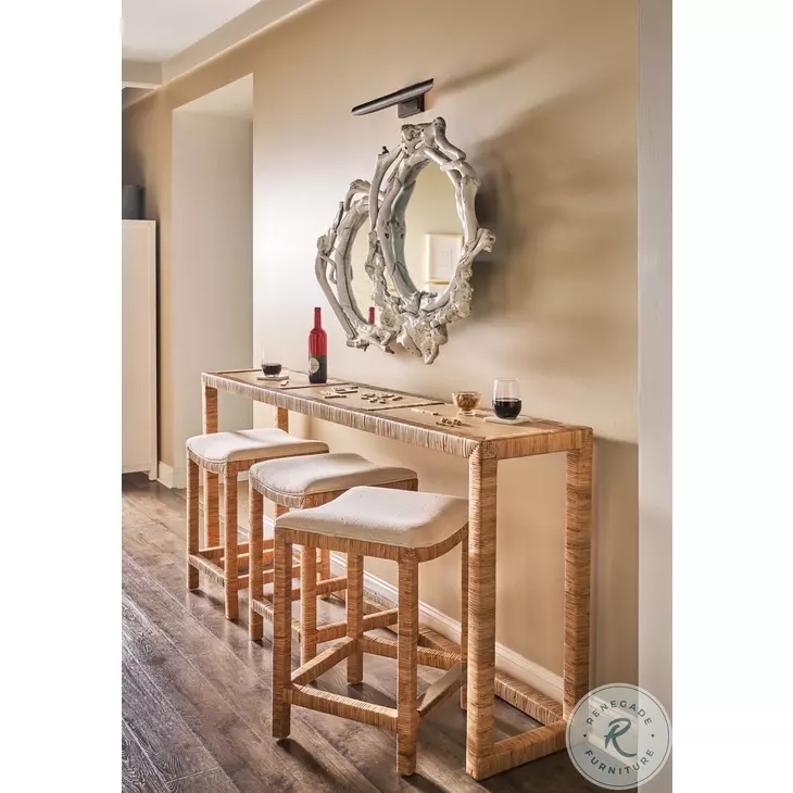 Console Table Set Woven Rattan Wrap Coastal Modern Organic Texture