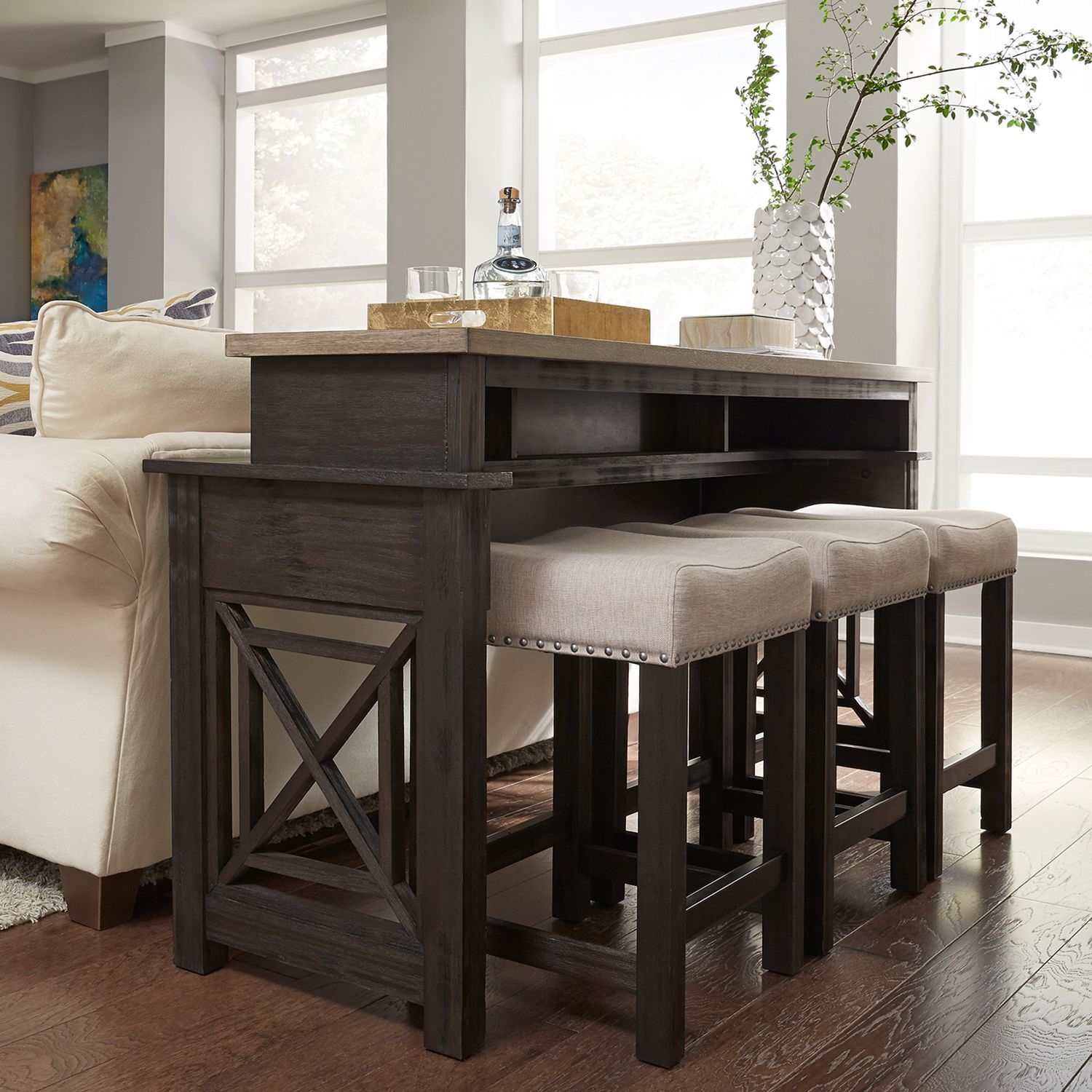 Console Table Set X-Brace Side Nailhead Trim Tiered Top Farmhouse