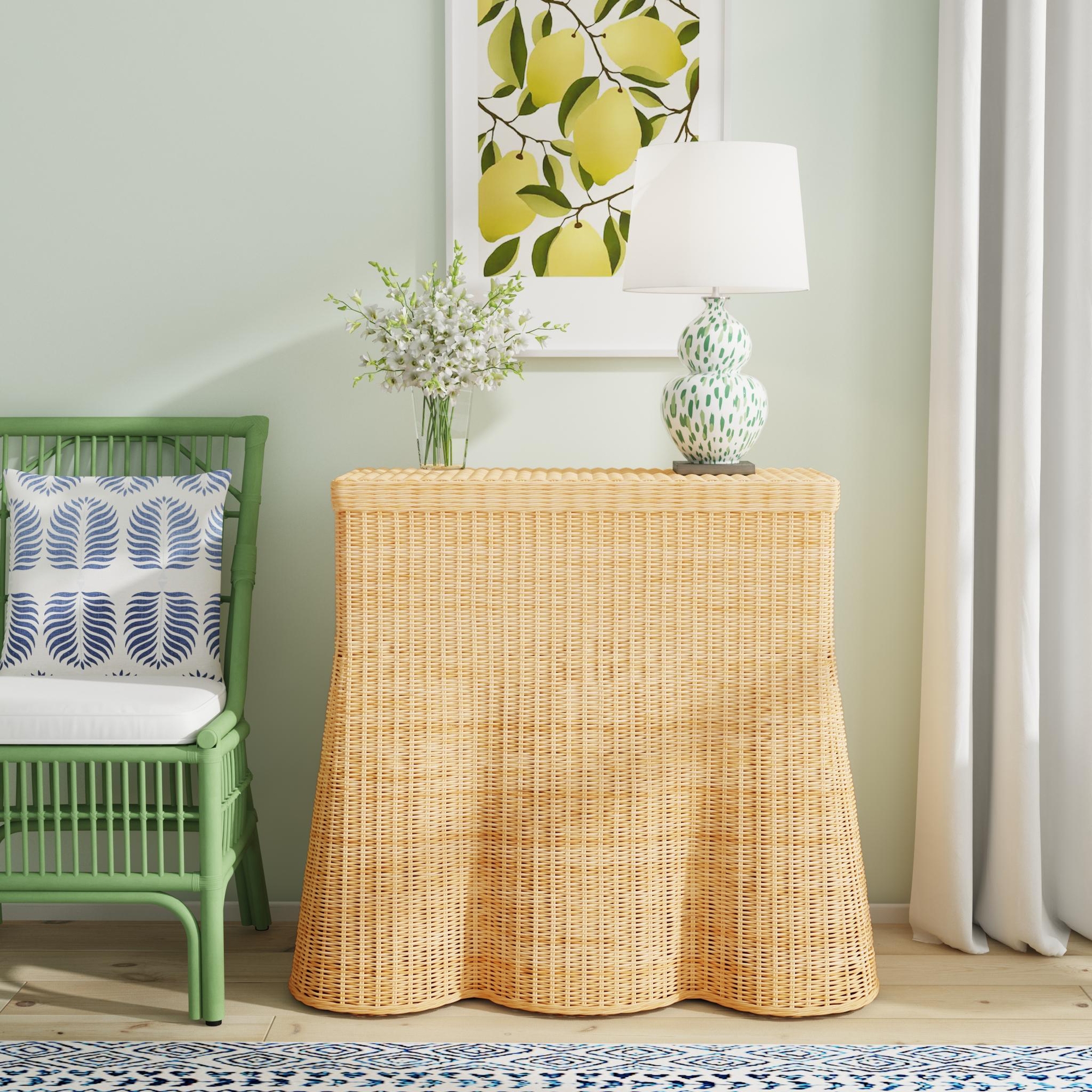 Console Table Skirted Base Scalloped Hem Handwoven Cane
