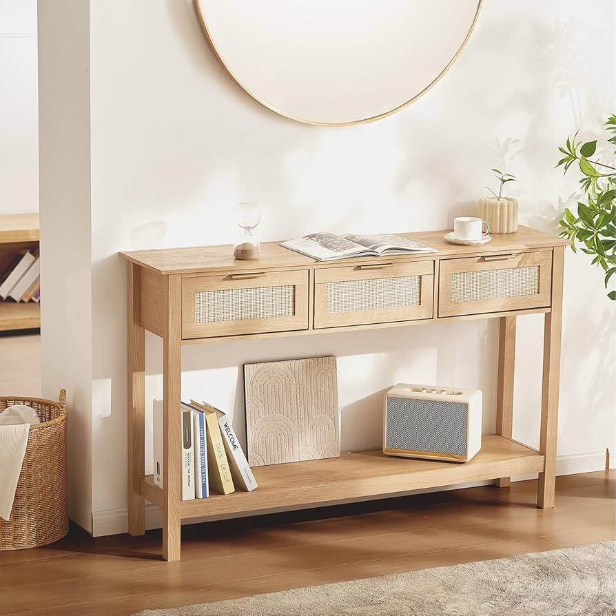 Console Table Slim Entryway Profile With Rattan Cane Drawers
