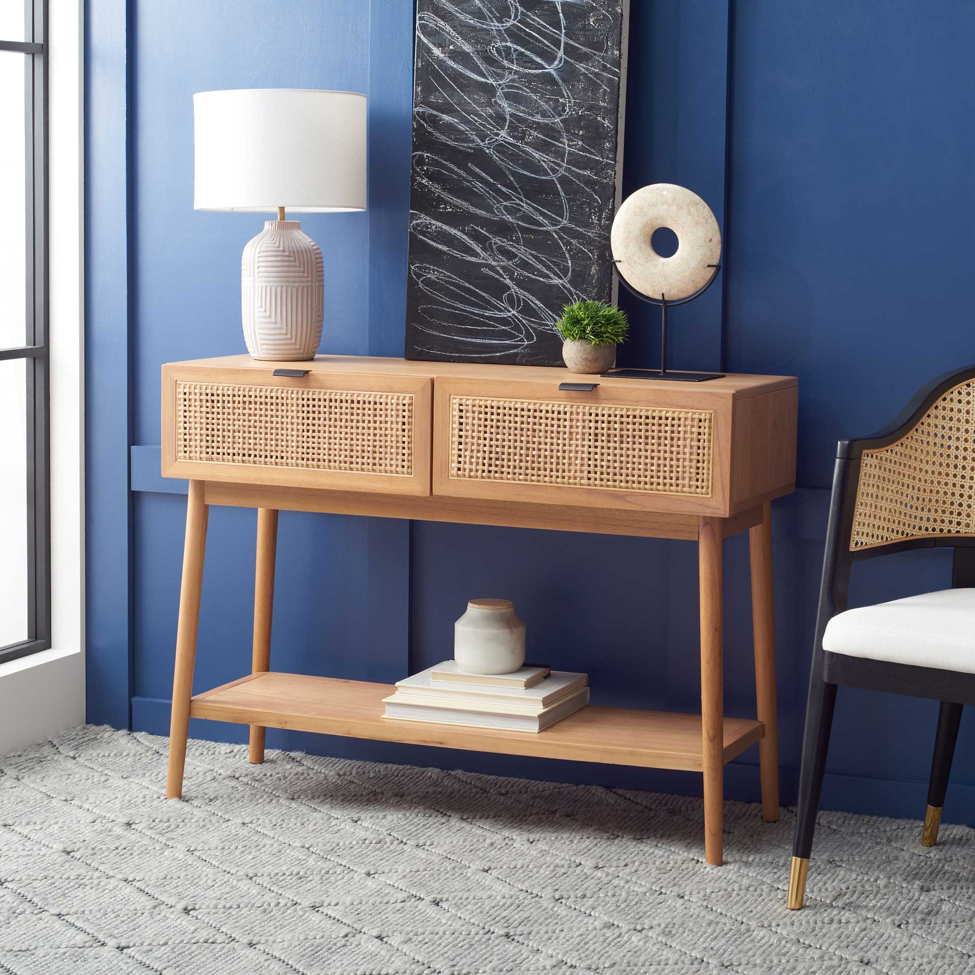 Console Table Tapered Round Legs Mid-Century Natural Wood Tone
