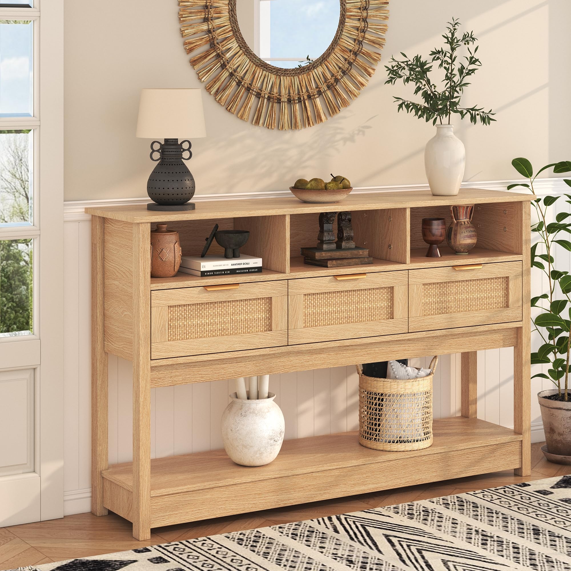 Console Table Three Tiered Storage Natural Oak Boho Chic