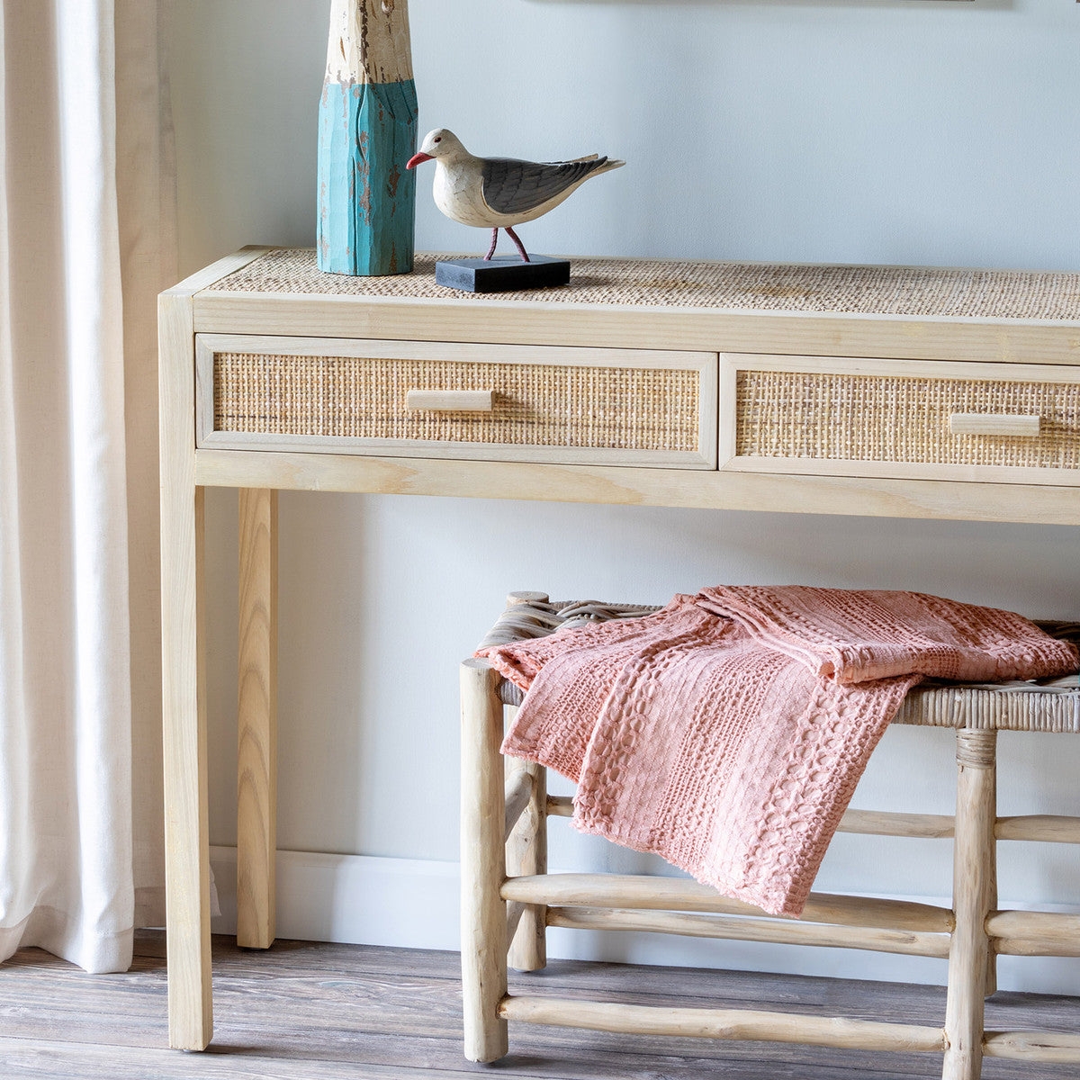 Console Table Woven Table Top Light Teak Frame Coastal Decor