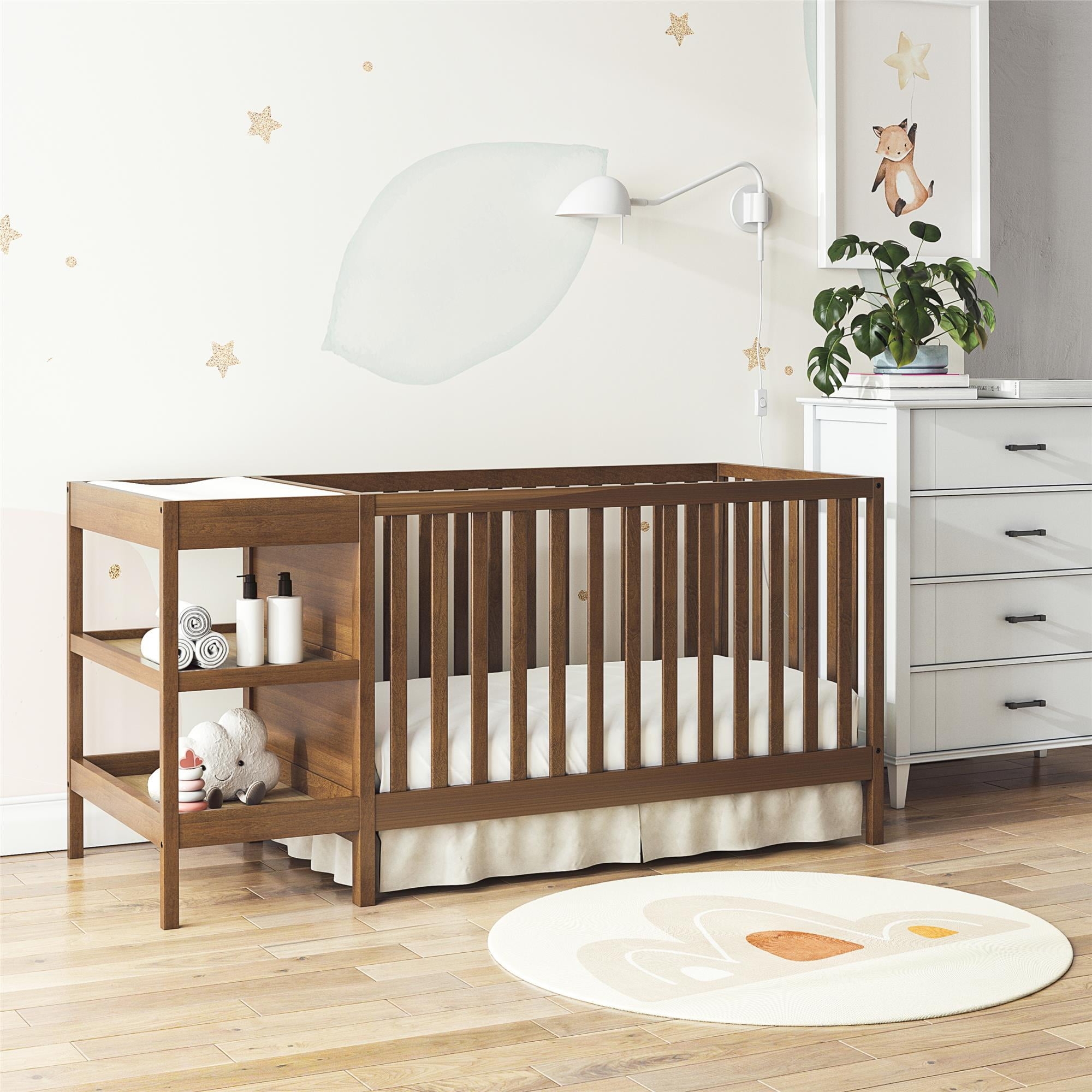 Convertible Crib Integrated Changer Side Shelves - Small space nursery solution