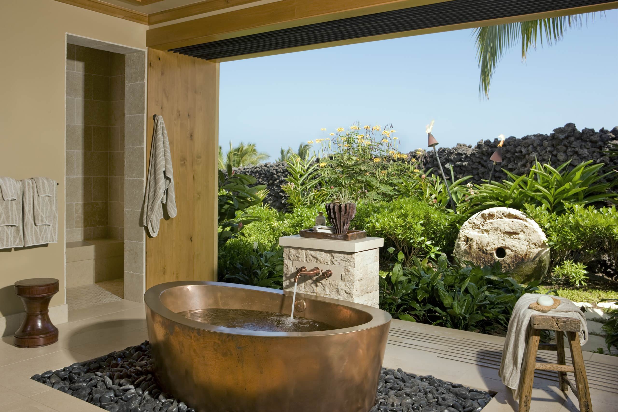 Copper Bathtub: River Rock Inlay and Tropical Spa Bathroom Ideas