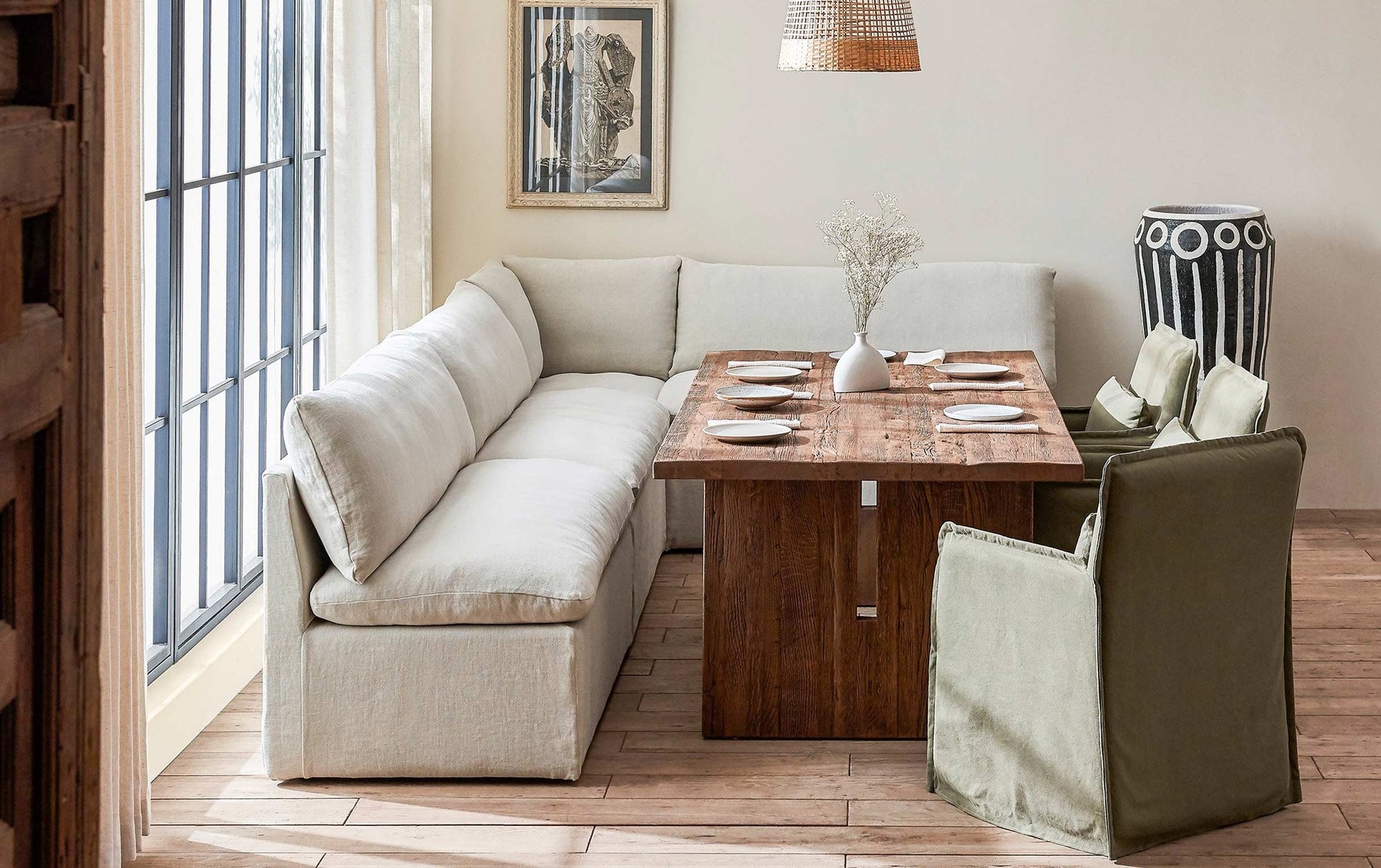 Corner Banquette Heavy Plank Table and Oatmeal Upholstery
