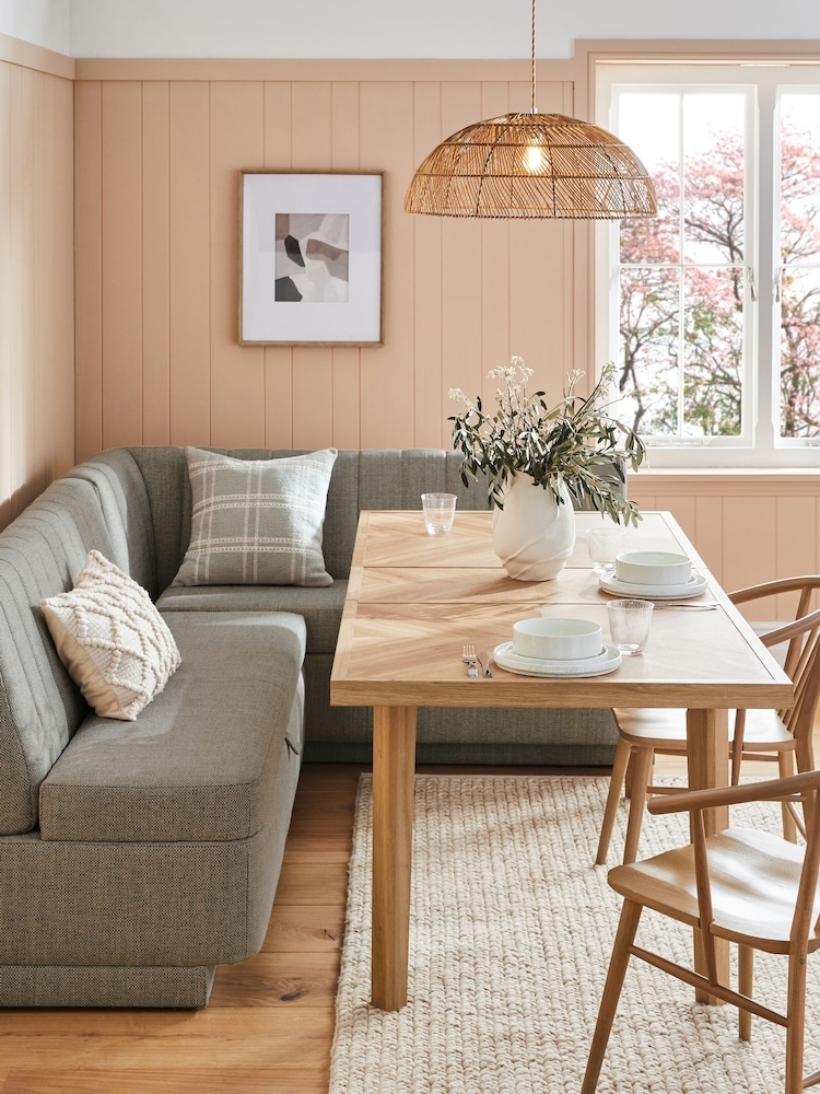 Corner Dining Bench with Parquet Top and Woven Pendant