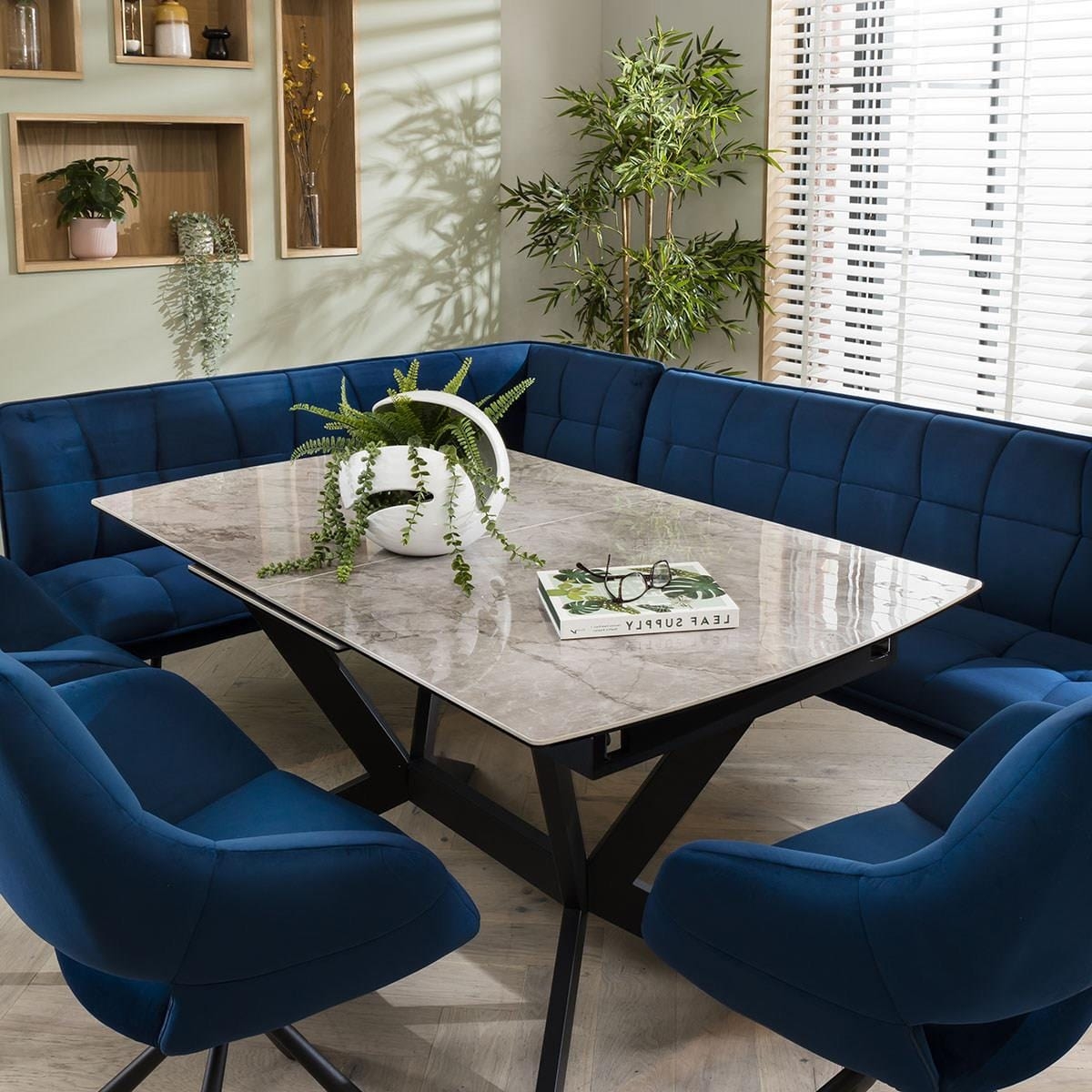 Corner Dining Set Marble Effect Top and Navy Blue Velvet
