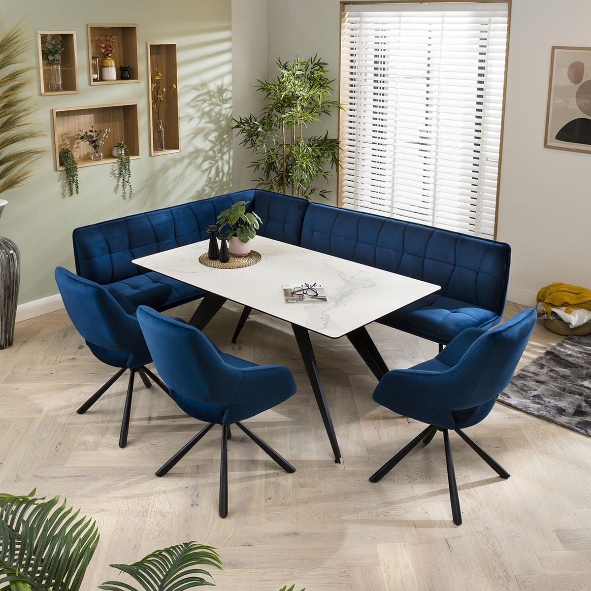 Corner Dining Set Navy Velvet Upholstery Marbled Table Seating