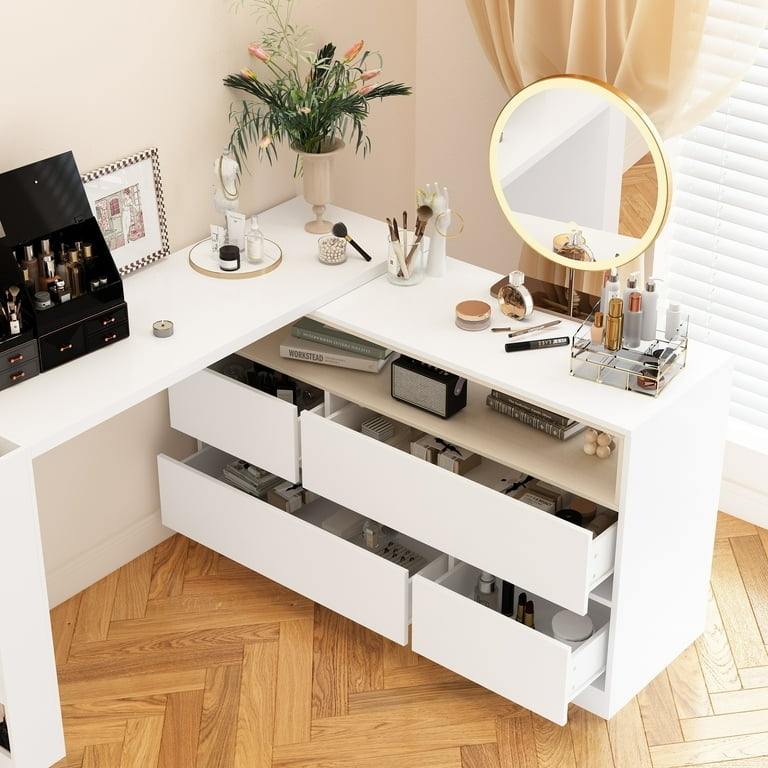 Corner Vanity Desk: Open Shelving L-Shaped Vanity