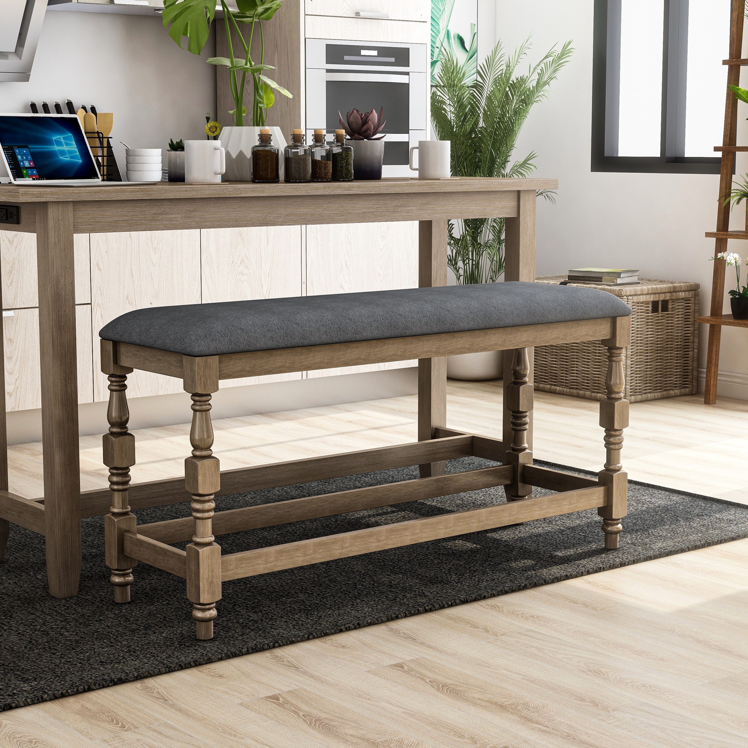 Counter Height Turned Spindle Legs Weathered Bench
