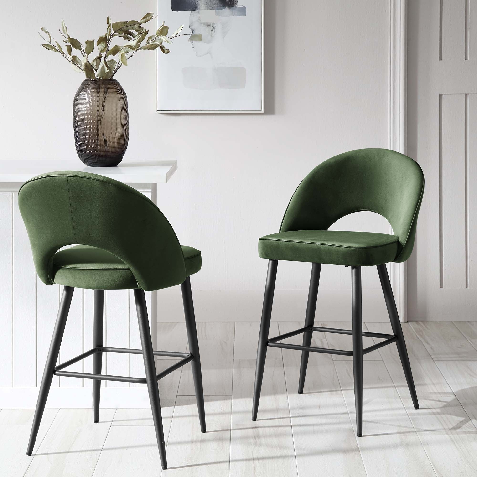 Counter Stool Forest Green Velvet Cutout Back Black Legs
