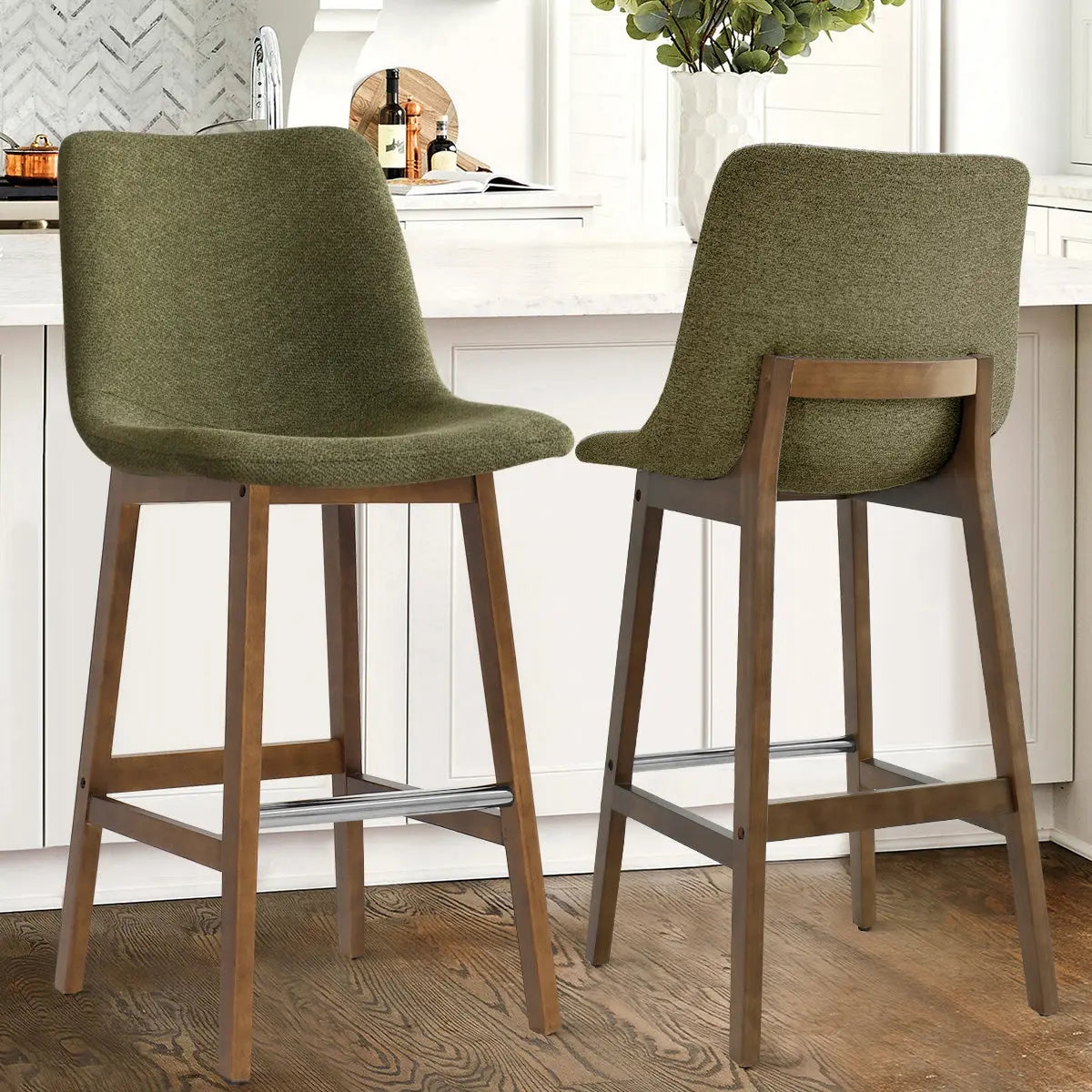 Counter Stool Olive Fabric Tapered Wood Legs Chrome Footrest