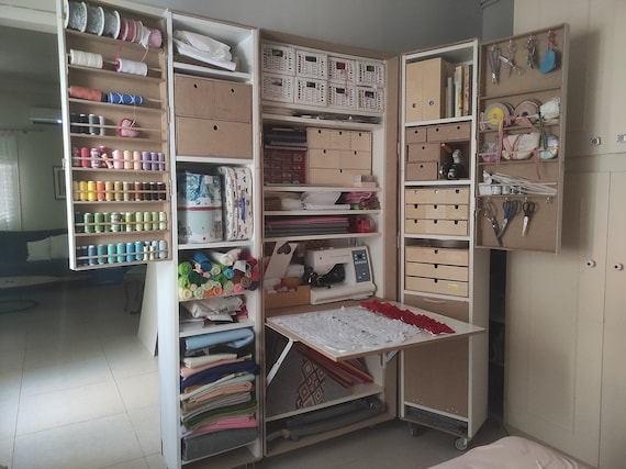 Craft Cabinet Fold Down Desk Integrated Thread Rack Sewing Station