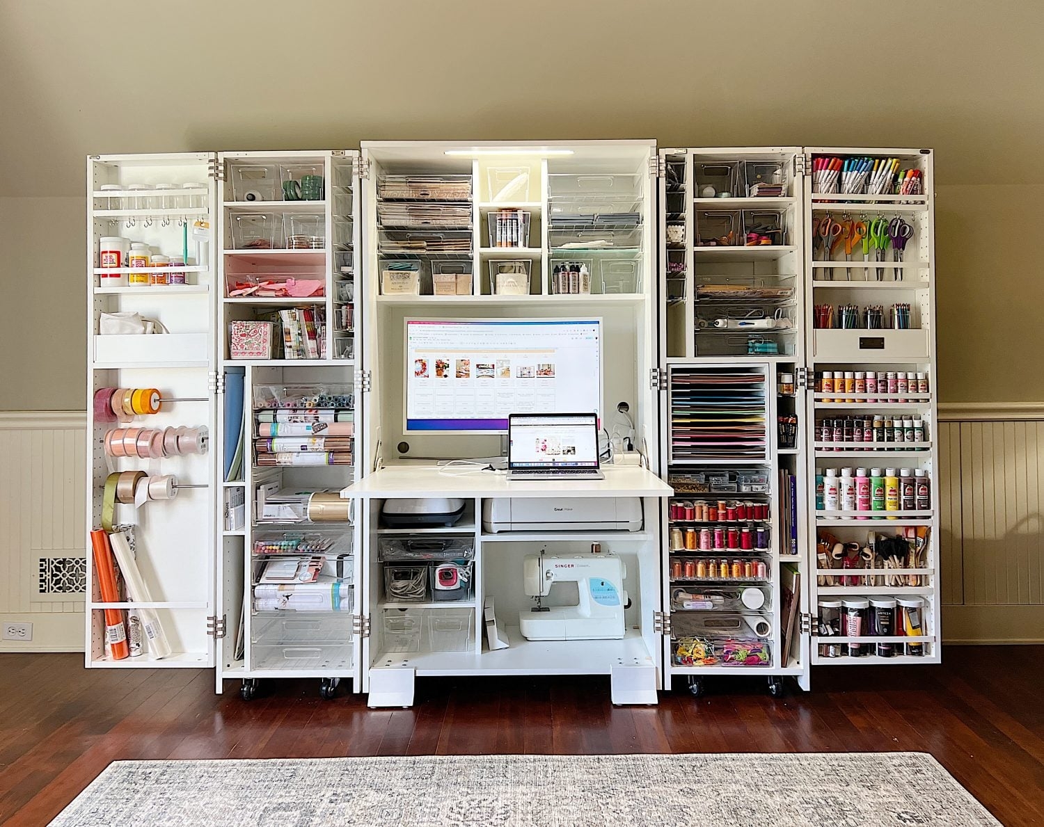 Craft Storage Cabinet Fold Out Doors Built In Lighting Armoire