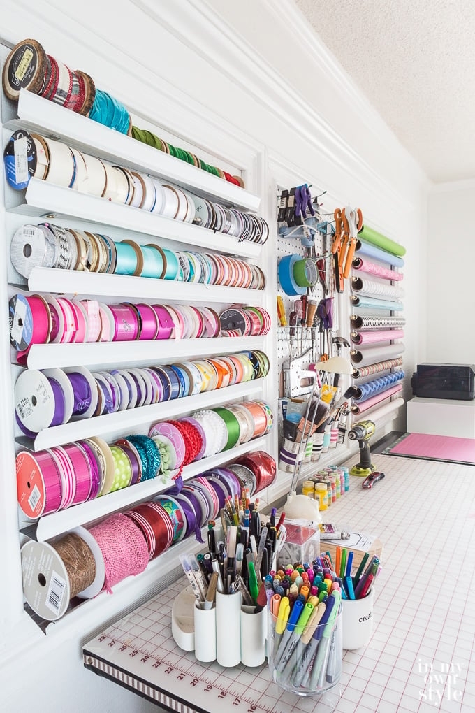 Craft Storage System Slanted Ribbon Racks Pegboard Tool Wall Idea