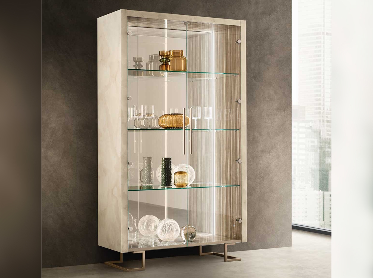 Curio Cabinet with Stone Like Frame Illuminated Glass