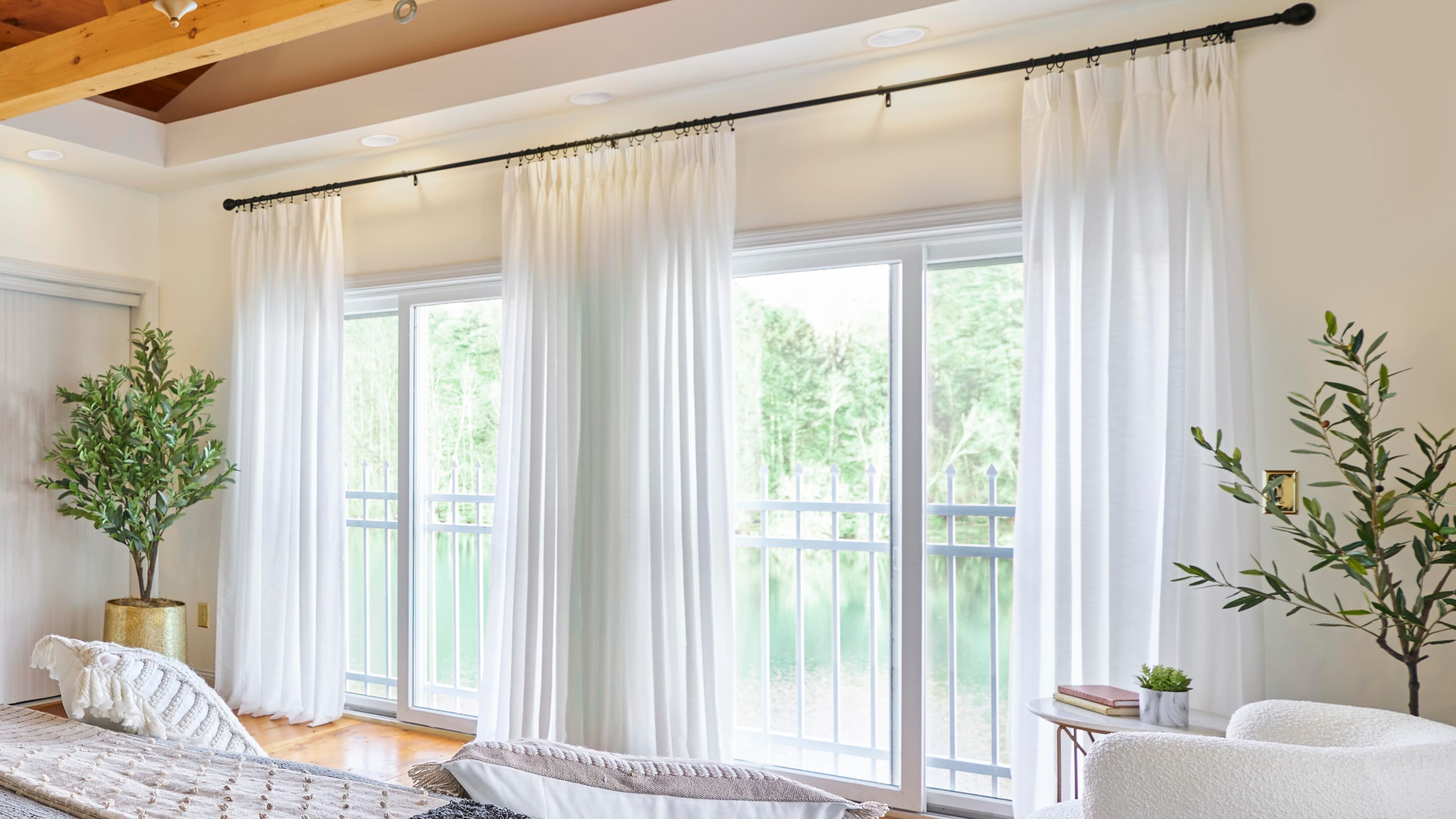 Curtains Drapes: Pleated Header Sheer White Sliding Door Ideas