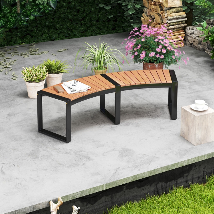 Curved Bench Modular Two Piece Set Slatted Wood Bench