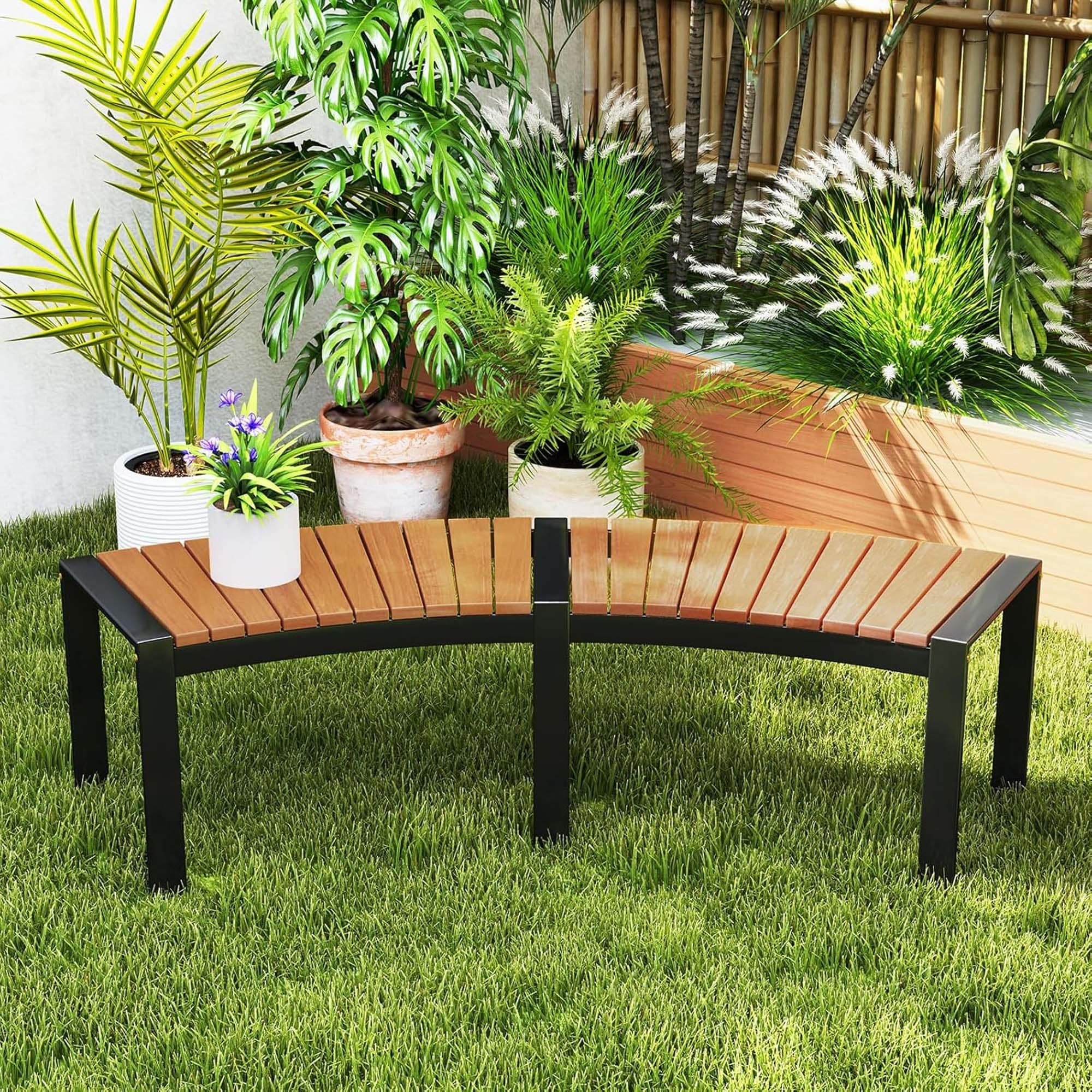 Curved Bench Slatted Wood Metal Frame Outdoor Firepit Bench