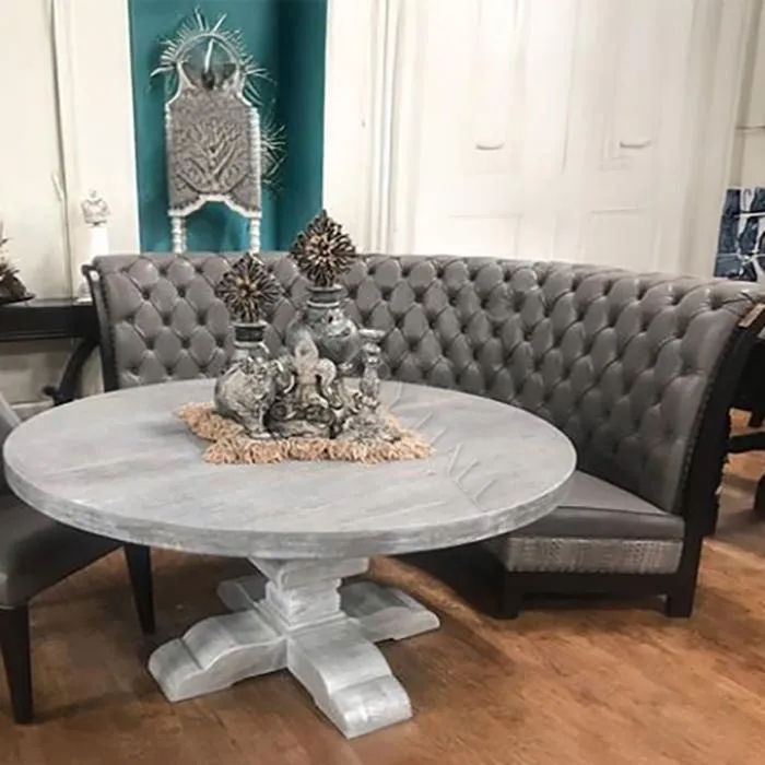 Curved Dining Bench with Slate Gray Tufted Backrest