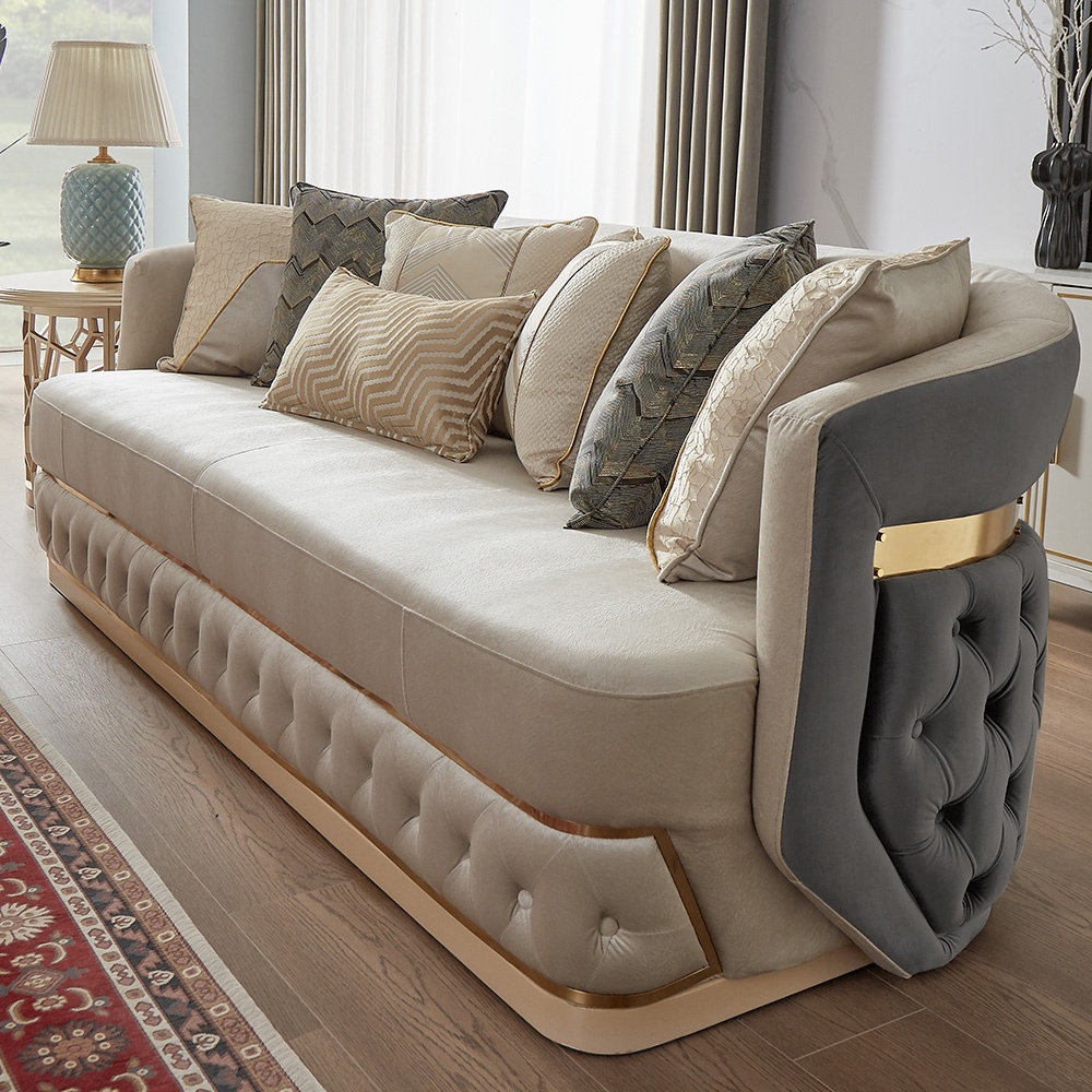 Curved Sofa With Diamond Tufted Base: Luxury Champagne Seating