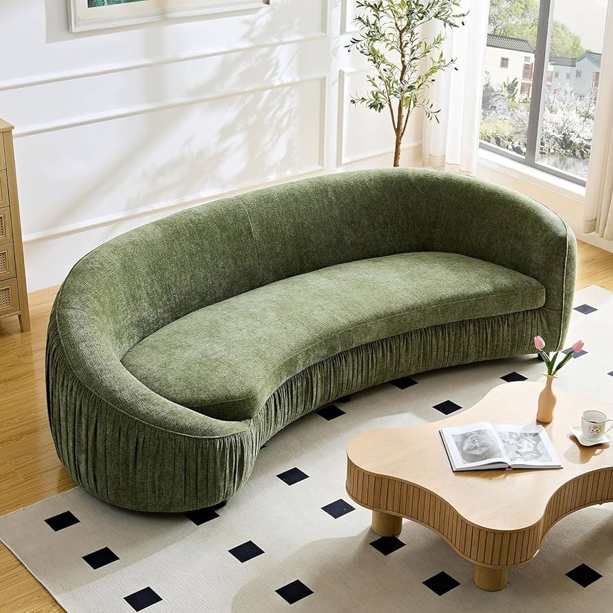 Curved Sofa with Pleated Base in Moss Green Chenille