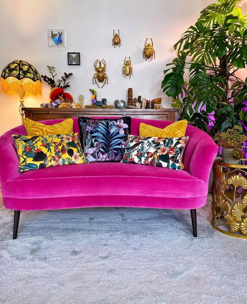 Curved Velvet Sofa with Beetle Wall Art Decor