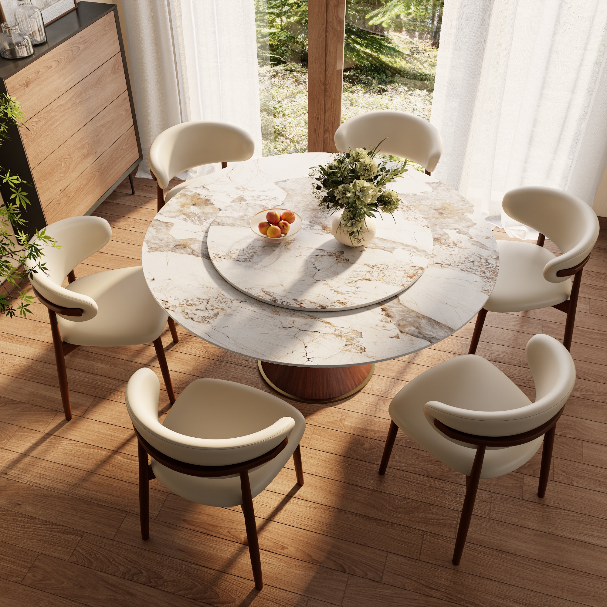 Curved Wrap Dining Set with Sintered Stone Surface and Lazy Susan