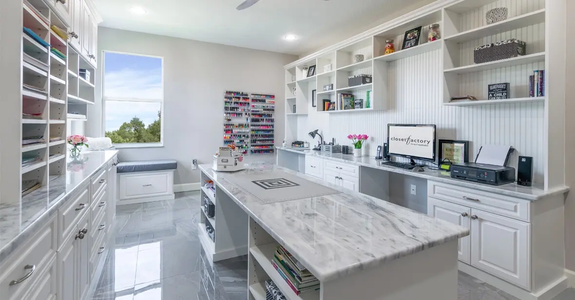 Custom Cabinetry Craft Paper Slots Marble Look Counters Hobby Studio