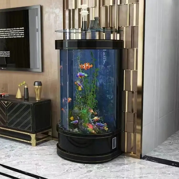 Cylindrical Aquarium with Gold Trim and Top Glass Display Shelf
