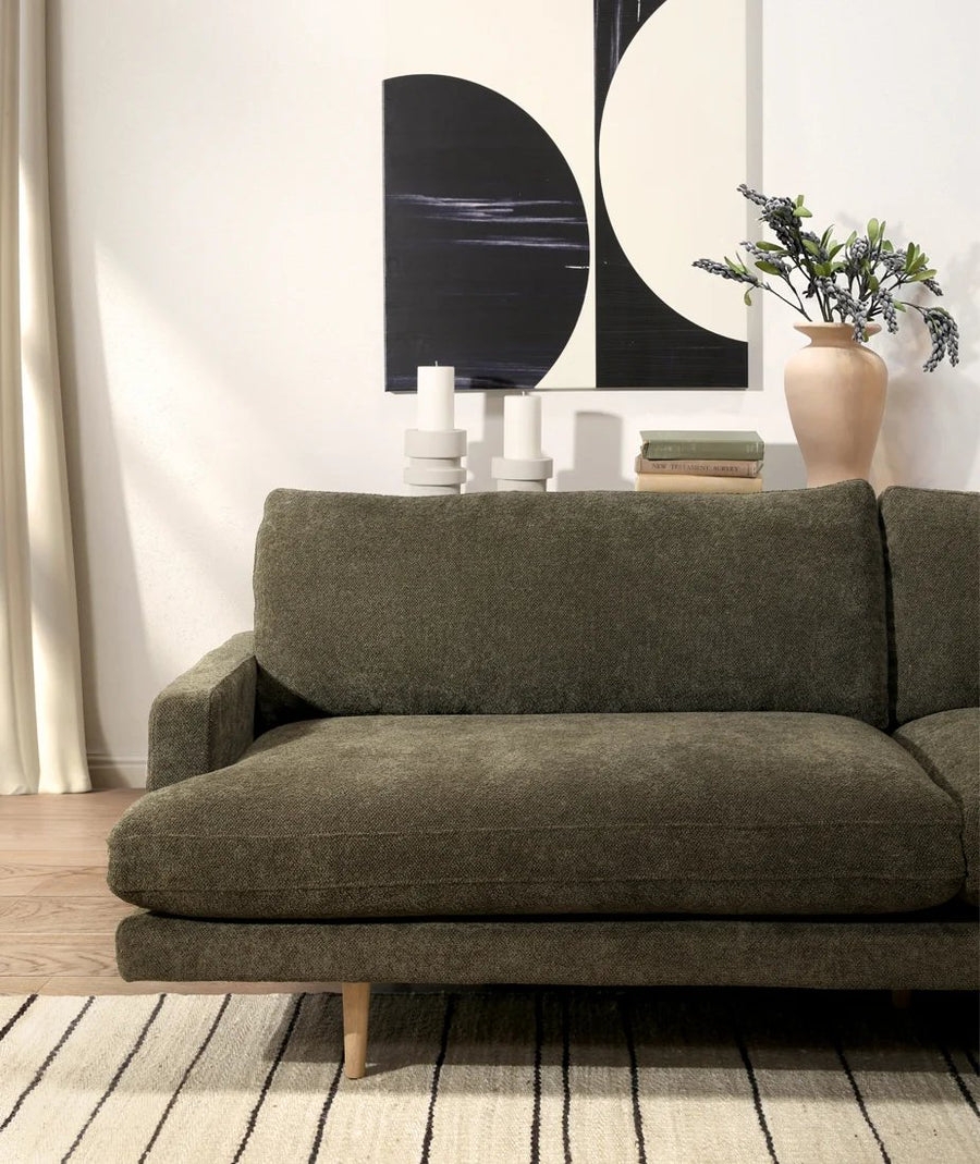 Dark Olive Chenille Sofa with Low Profile Blocky Silhouette